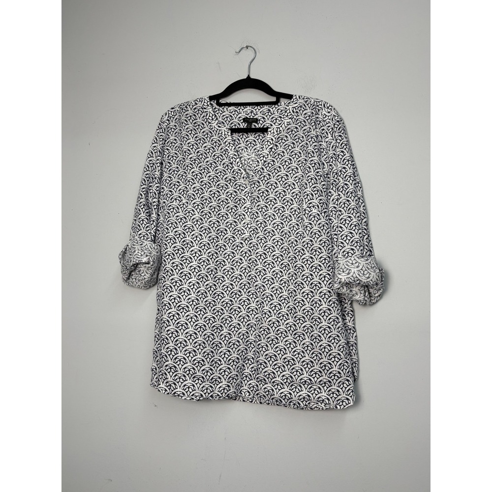 Talbots Plus 1X Linen Tunic Top Navy White Geometric Roll Tab Sleeve Split Neck